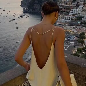 Commense Spaghetti Strap Draped Open Back Satin Camisole Maxi Dress Vacation